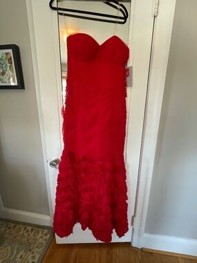 JS Collections Red chiffon mermaid with stunning rosette floral gown